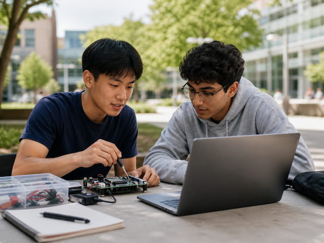 Students building and testing an outdoor robotics prototype