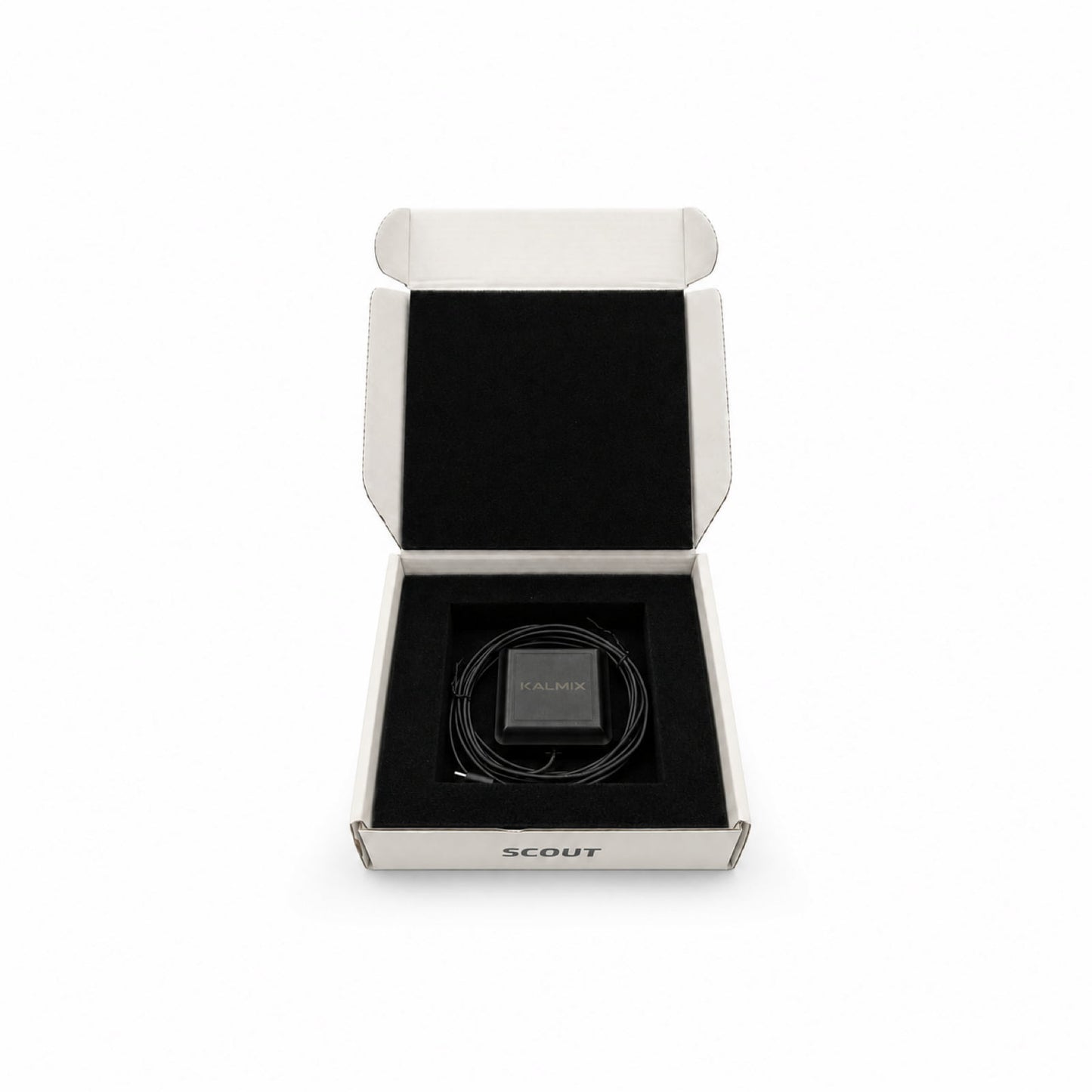 Open Kalmix SCOUT Series RTK GNSS receiver box with USB-C cable and protective foam insert