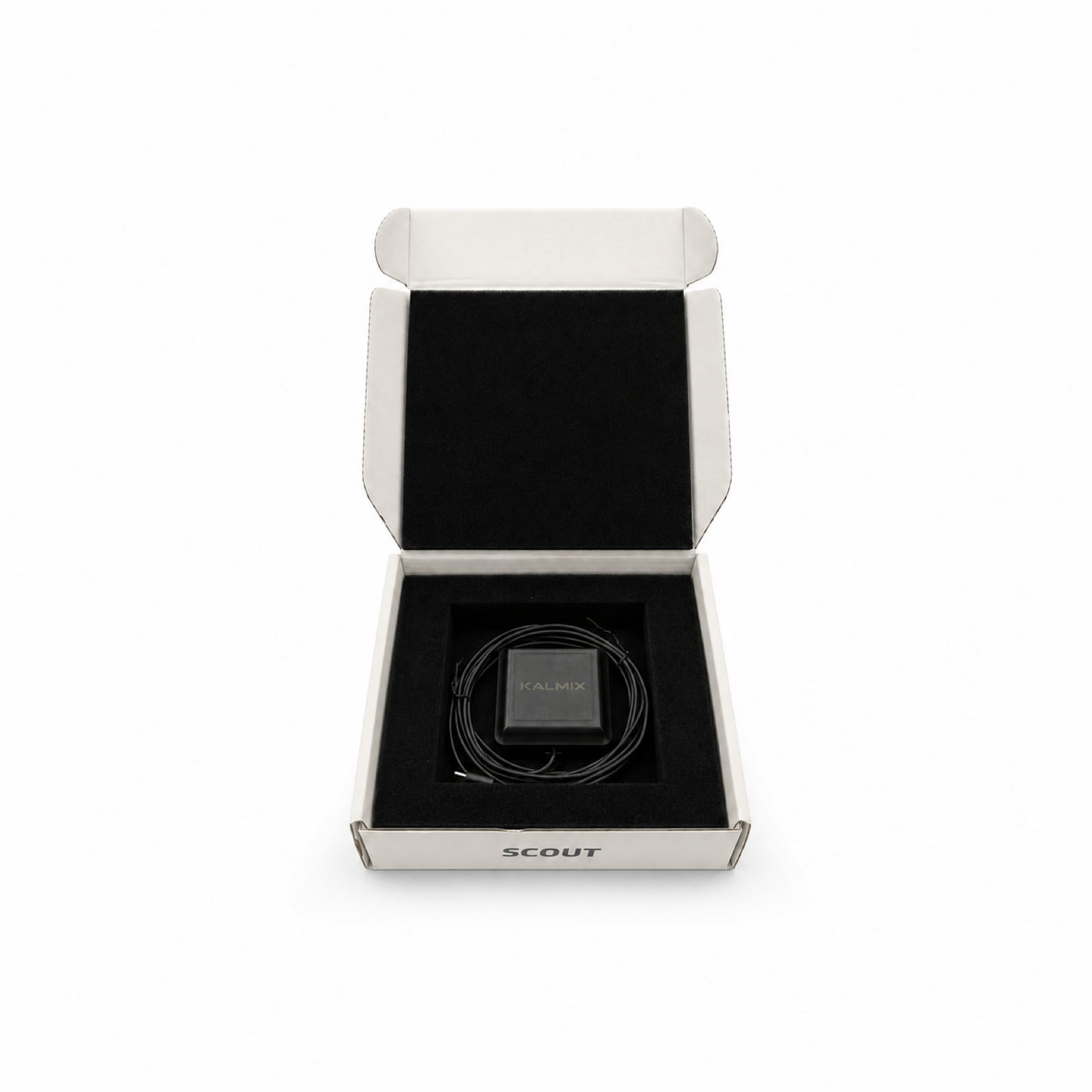 Open Kalmix SCOUT Series RTK GNSS receiver box with USB-C cable and protective foam insert