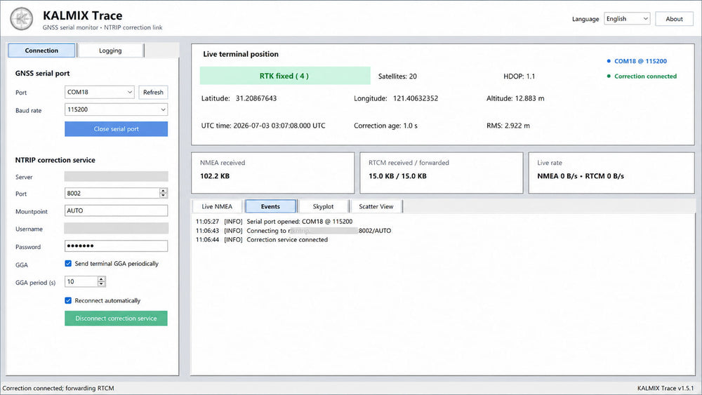 KALMIX Trace events log showing serial and correction connection events