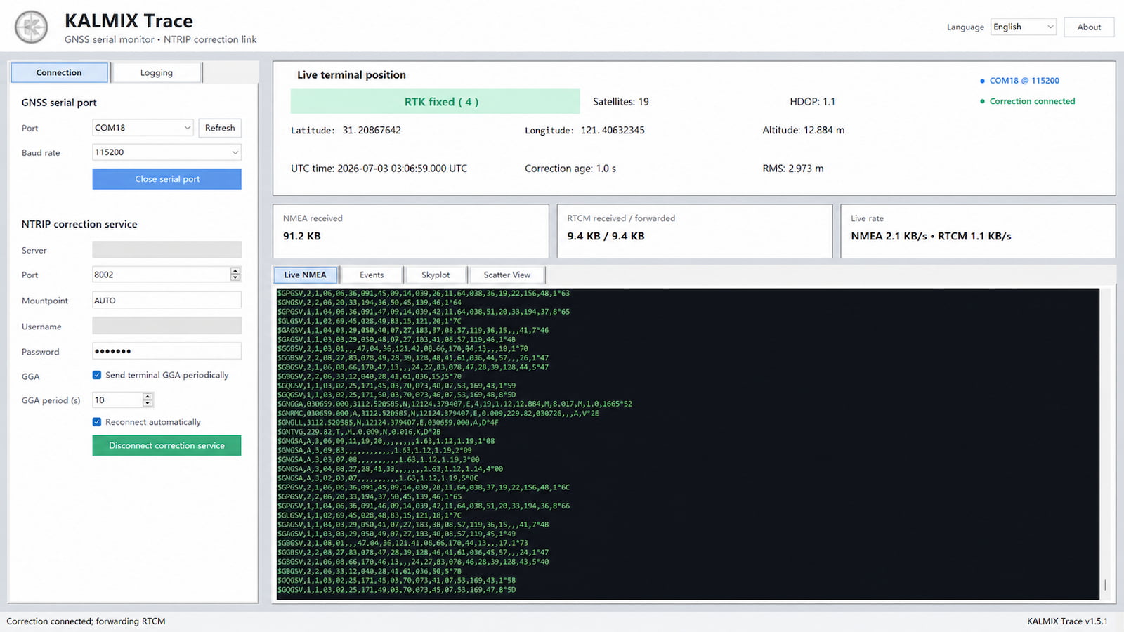 KALMIX Trace showing RTK fixed status, NMEA stream, and correction connected on Windows